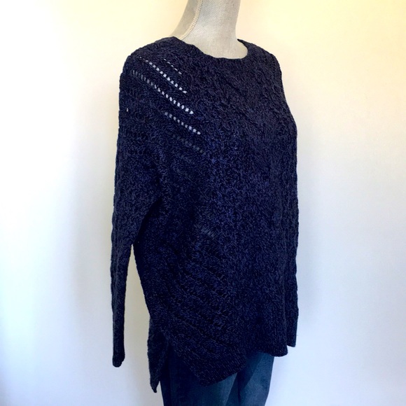 Express Blue & Black Open Weave Cable Knit Hi-lo Hem Pullover Sweater, sz Medium - Picture 4 of 13